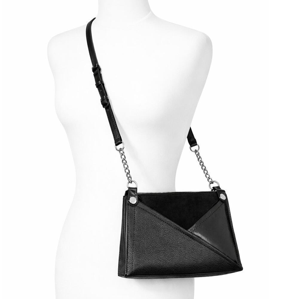 Cejon Black Leather & Suede Crossbody Bag Silver Chain Strap NEW